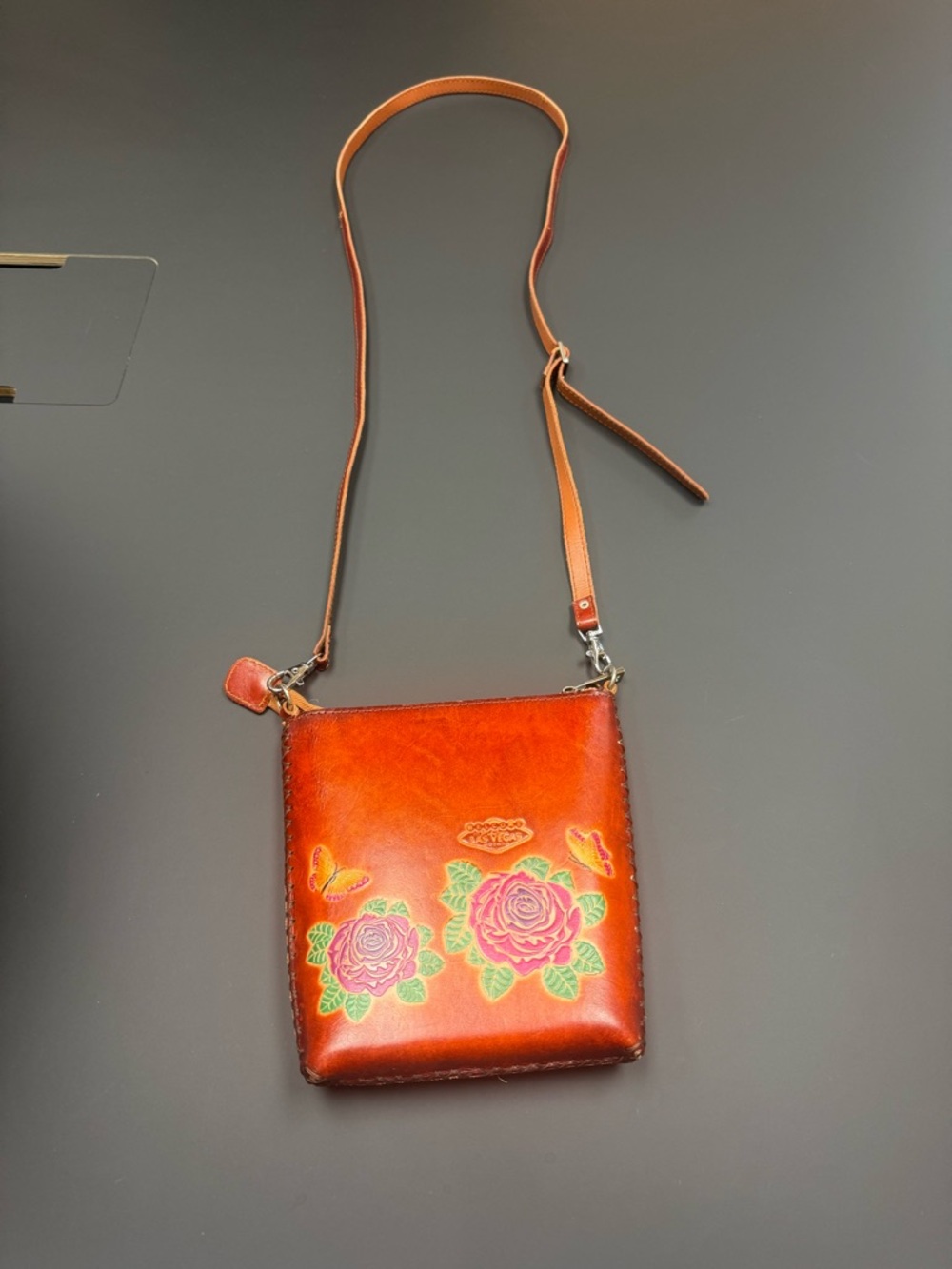 Unk Brown Leather Crossbody with Hand-Painted Floral Motif